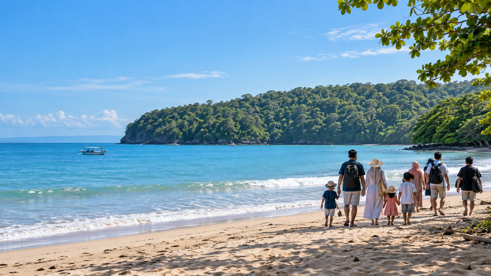 Keluarga menikmati suasana Pantai Pangandaran